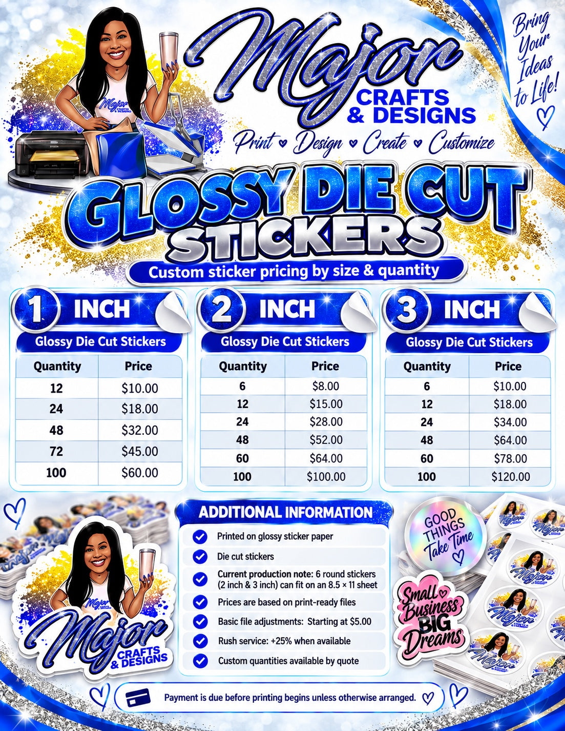 Major Crafts and Designs printing services and glossy die cut sticker pricing