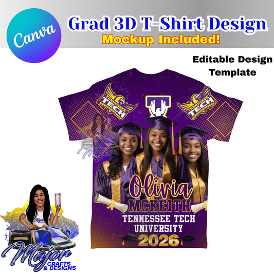 Editable 3D Grad T-shirt Template Purple & Gold