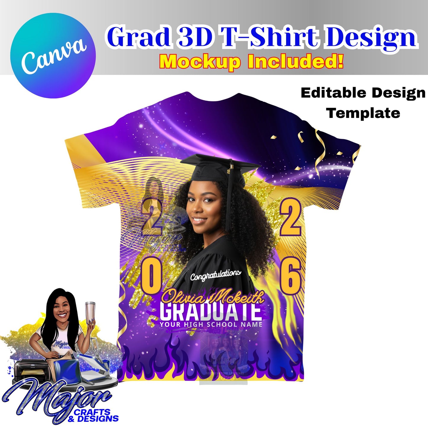 Editable 3D Grad T-shirt Template Purple & yellow