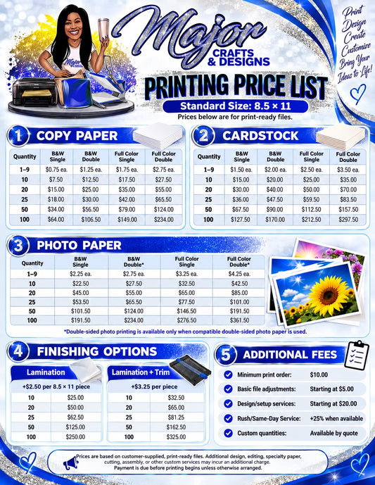 Major Crafts & Designs 8.5 by 11 printing and finishing price list